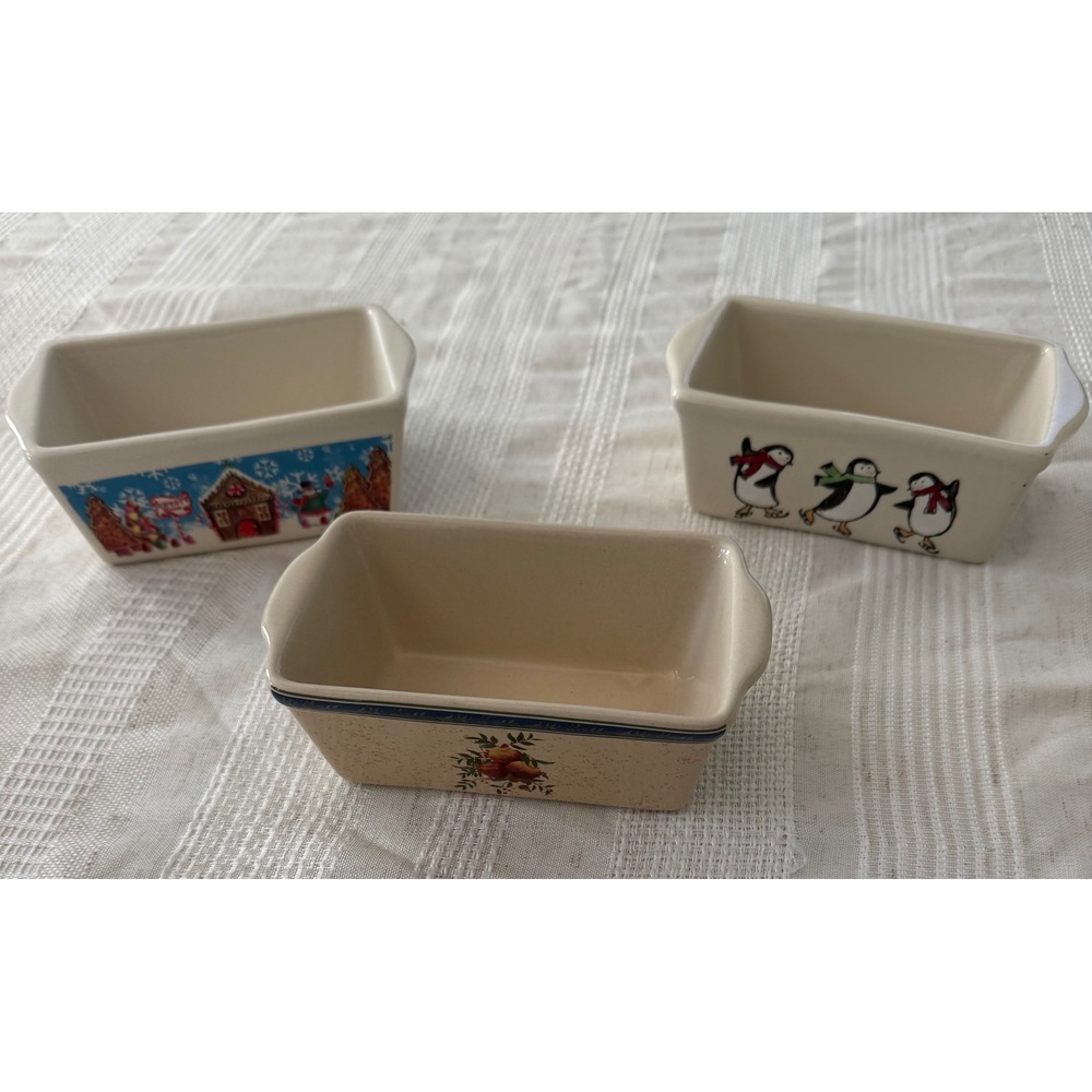 Nantucket Small Ceramic Loaf Pans Set Christmas Gingerbread‎ Penguin Fruit